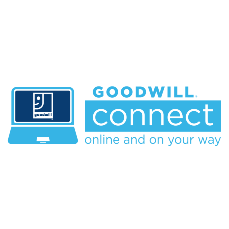 Goodwill Connect logo (laptop graphic with Goodwill logo on screen) Online and on your way