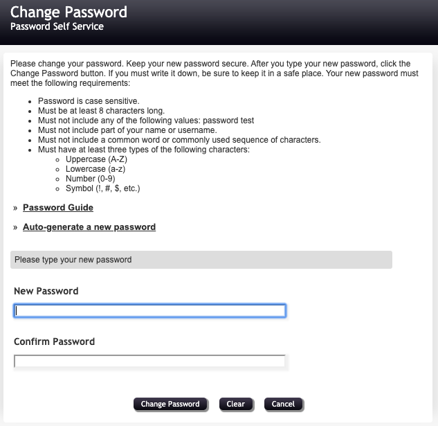 Change password screen screenshot