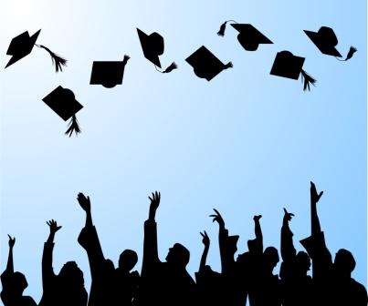 Silhouette of high school students in graduation gowns tossing their graduation caps into the beautiful blue sky