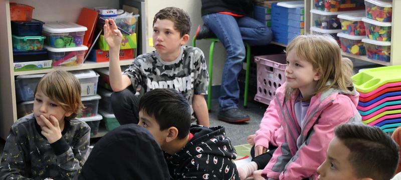 Boy raises hand during carpet circle time.