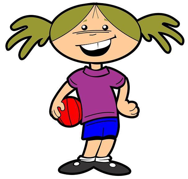Drawing of a girl with pigtails, holding a basektball.