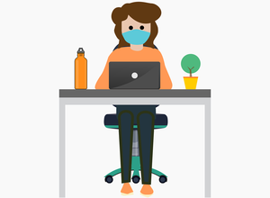 Cartoon drawing of girl at table with laptop.