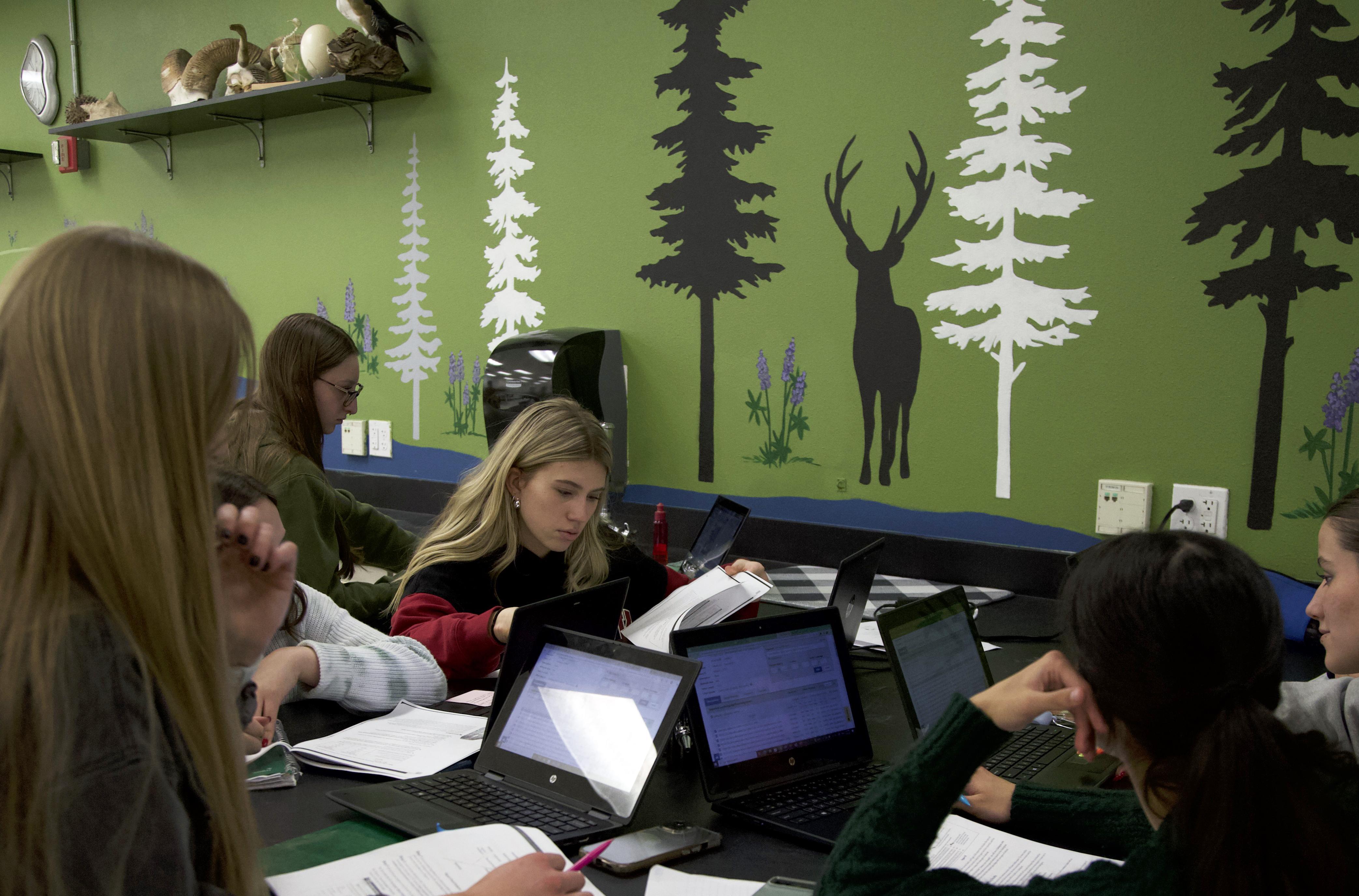 Blonde girl reads handout while working in a group using computers.