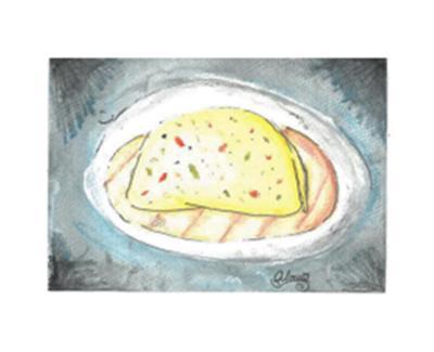 Drawing of a breakfast burrito on a plate.