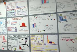 Student work fills a wall in a classroom.