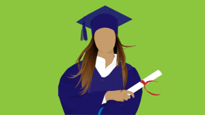 Drawing of a female graduate holding a rolled-up diploma