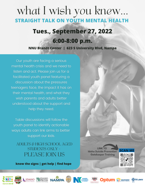 Flyer picturing mother comforting her son with info about event