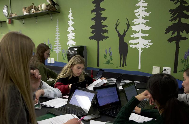 Blonde girl reads handout while working in a group using computers.