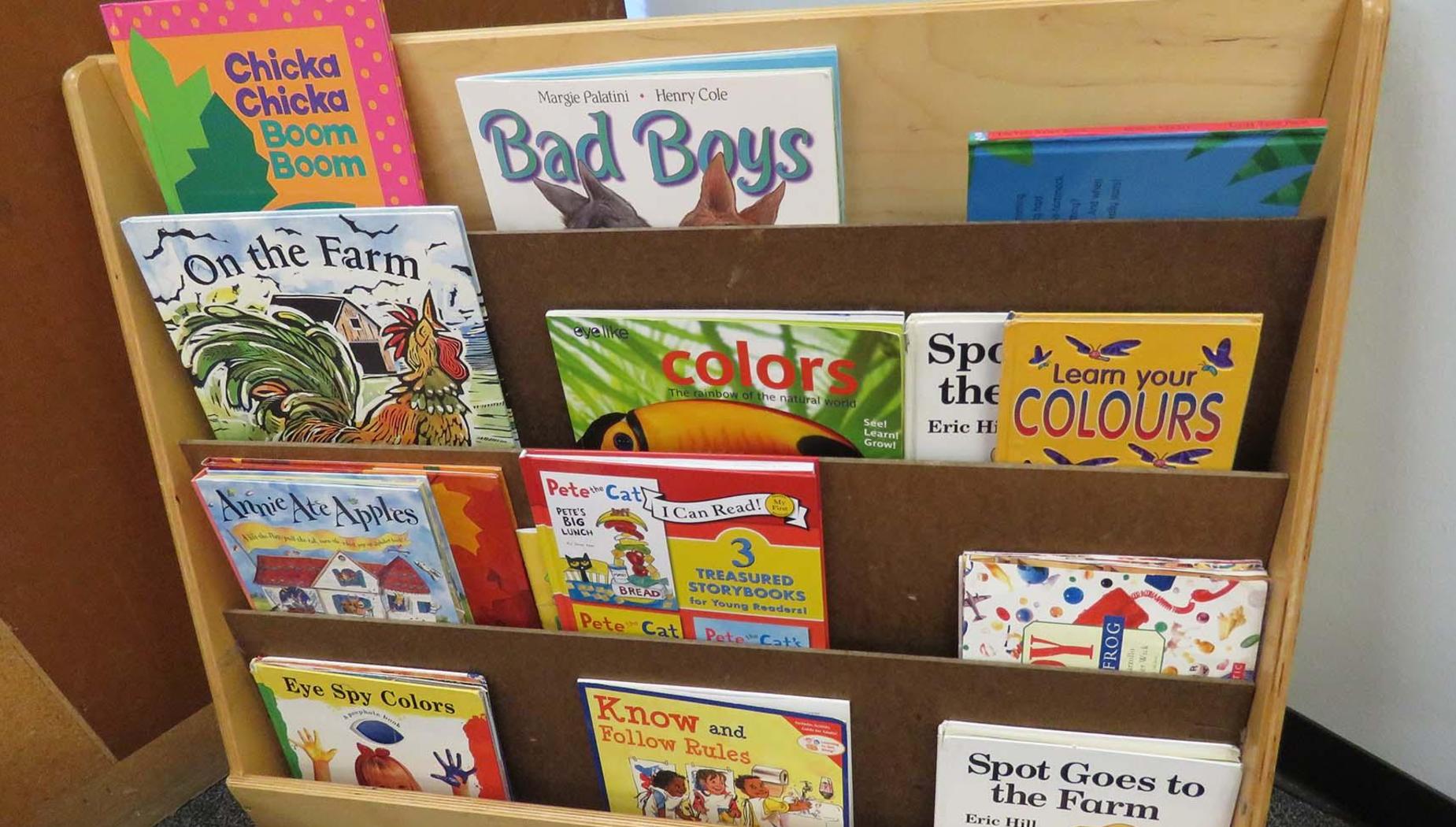 Books with bright covers fill a rack.