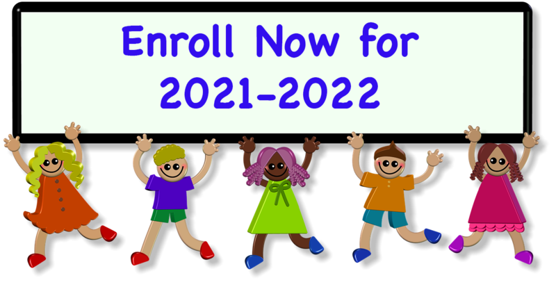 Cartoon children holding aloft a banner reading \"Enroll Now for 2021-2022\"