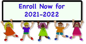Cartoon children holding aloft a banner reading \"Enroll Now for 2021-2022\"