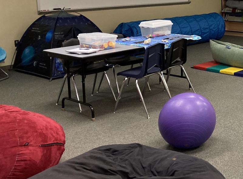 Bean Bag chairs, table with sensory items, exercise ball, tent