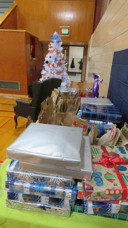 Gifts are lined up for children of the Community Family Shelter.