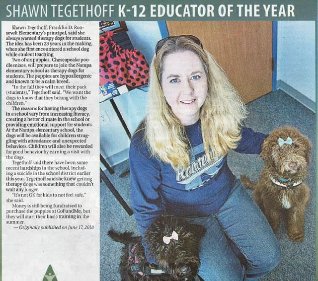 Photo of Shawn Tegethoff and therapy dogs from Idaho Press article.