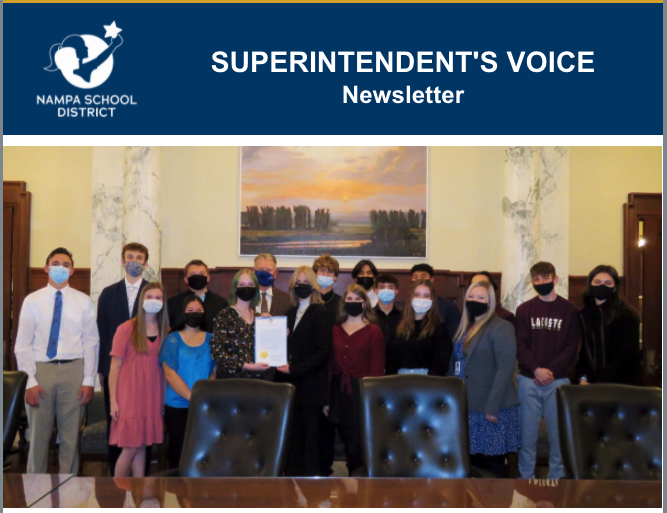 Superintendent\'s Voice newsletter banner, featuring the district logo, newsletter name, month and a photo of students at the governor\'s office.