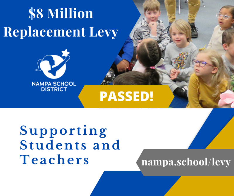 children sit on a classroom rug. Graphic also includes message that the $8 million replacement levy will support students and teachers.