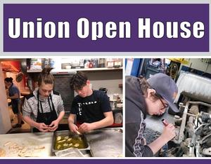 On left, two students prepare chicken in a pan; on right, a student shines a light on a small engine.