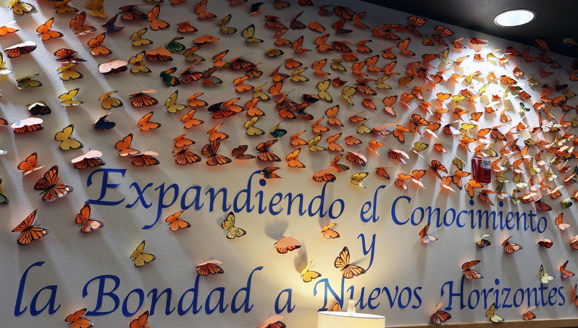 Display with orange butterflies and the words "Expandiendo el conocimiento y la bondad a Nuevos Horizontes"