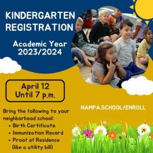 Children on rug, with information about registration.