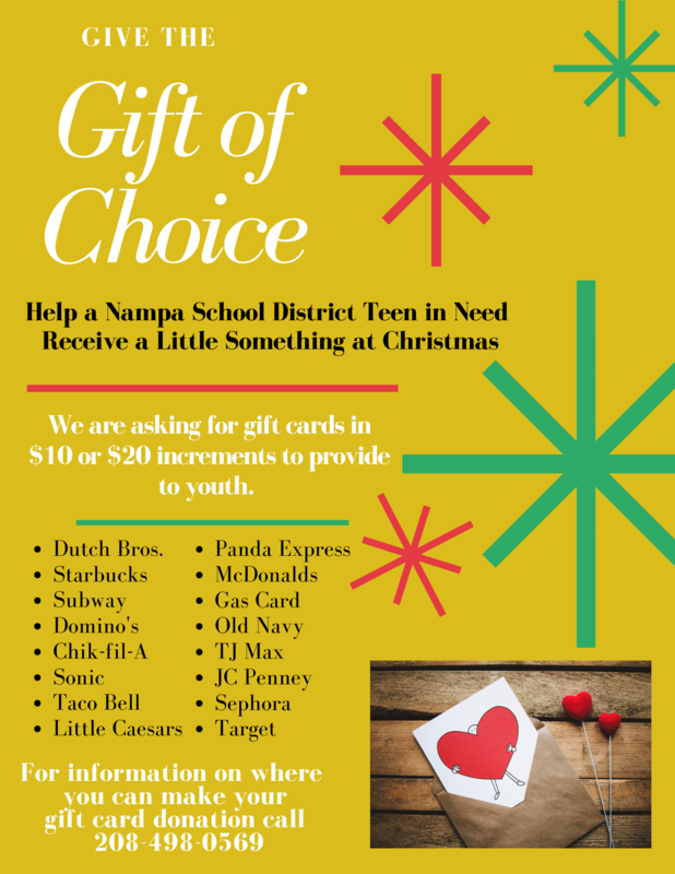 \"Gift of Choice\" text with list of options to purchase a gift card for teens in need.