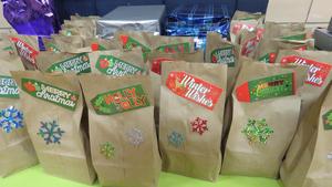 Treat bags await children.