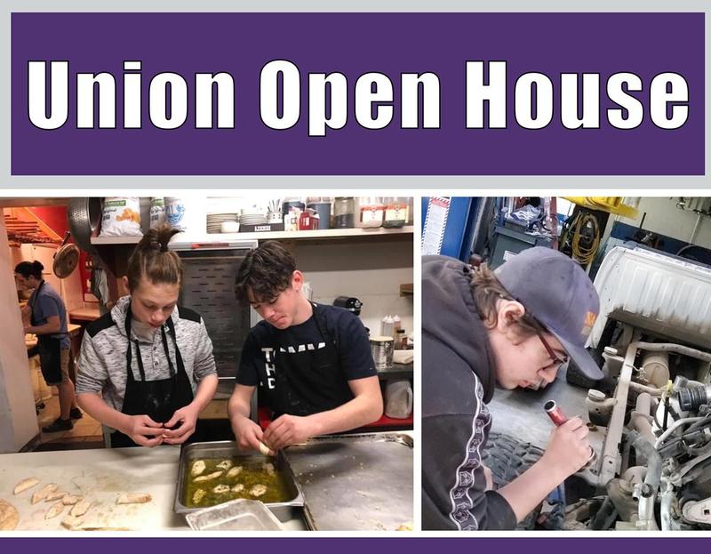 On left, two students prepare chicken in a pan; on right, a student shines a light on a small engine.
