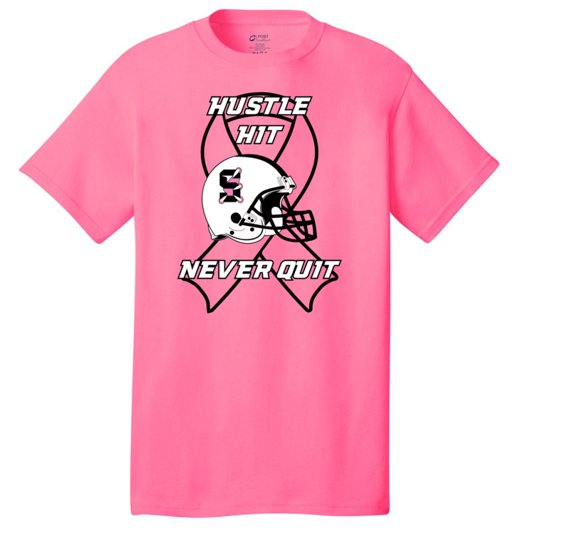 Pink T-shirt showing the Hustle, Hit, Never Quit logo with a football helmet with the Skyview logo overlaid on a ribbon image.