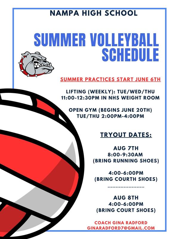 White flyer with red and white volleyball and bulldog logo