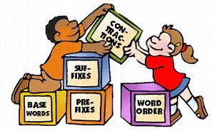 Students with building blocks of words clipart graphic