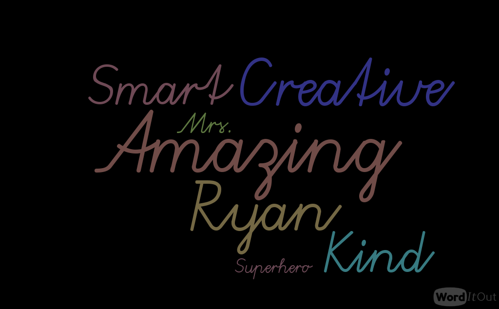 Mrs. Ryan, smart, creative, amazing, kind, superhero word Cloud