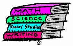 Stack of books, math, science, social studies and writing in bright colors graphic