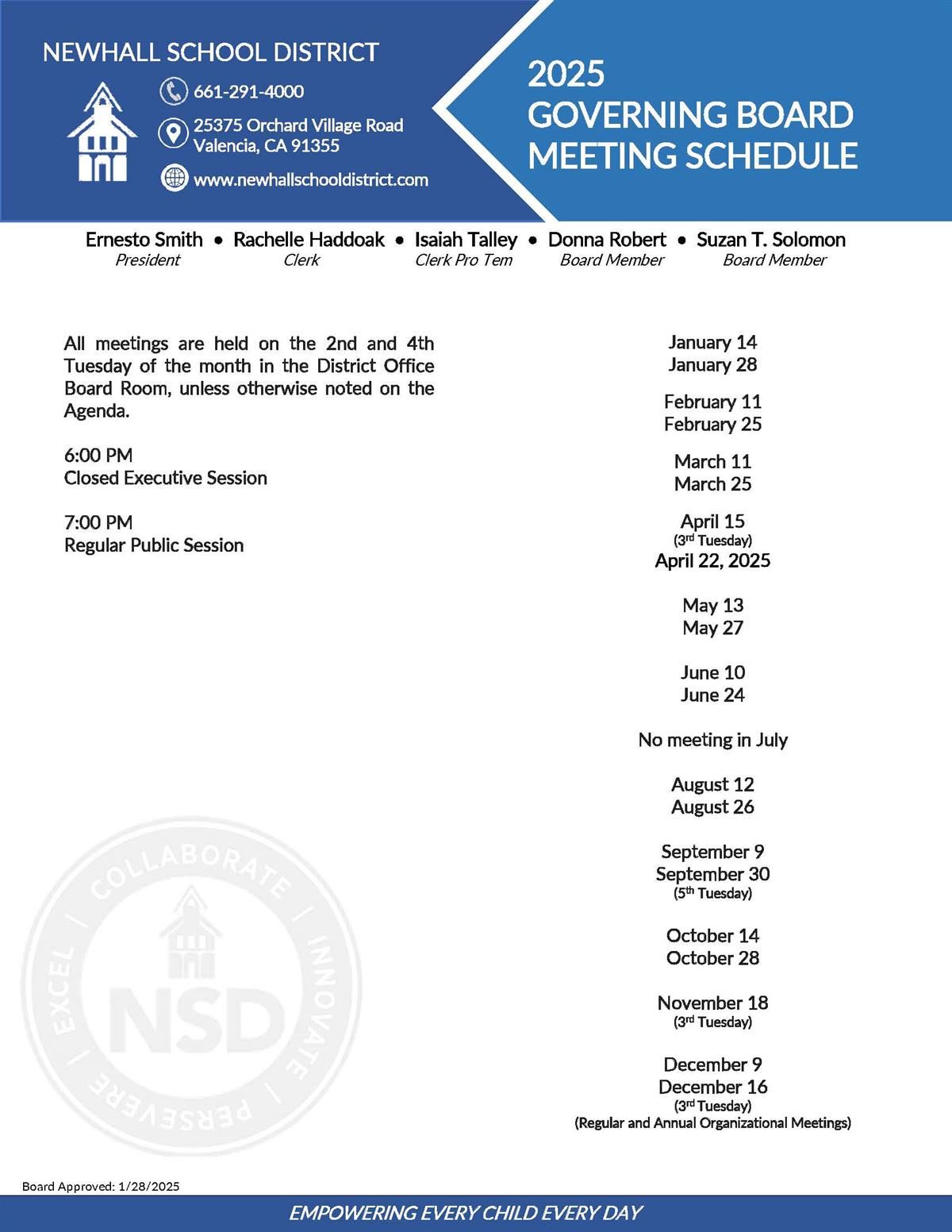 2025 Governing Board Meeting Schedule 
