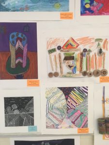 4 photos of student artwork, a cake, an abstract pattern drawing, a scratchboard and collage.