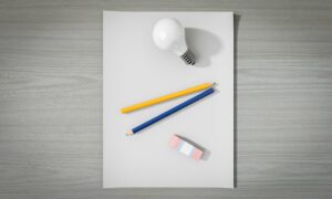 paper, pencil, lightbulb