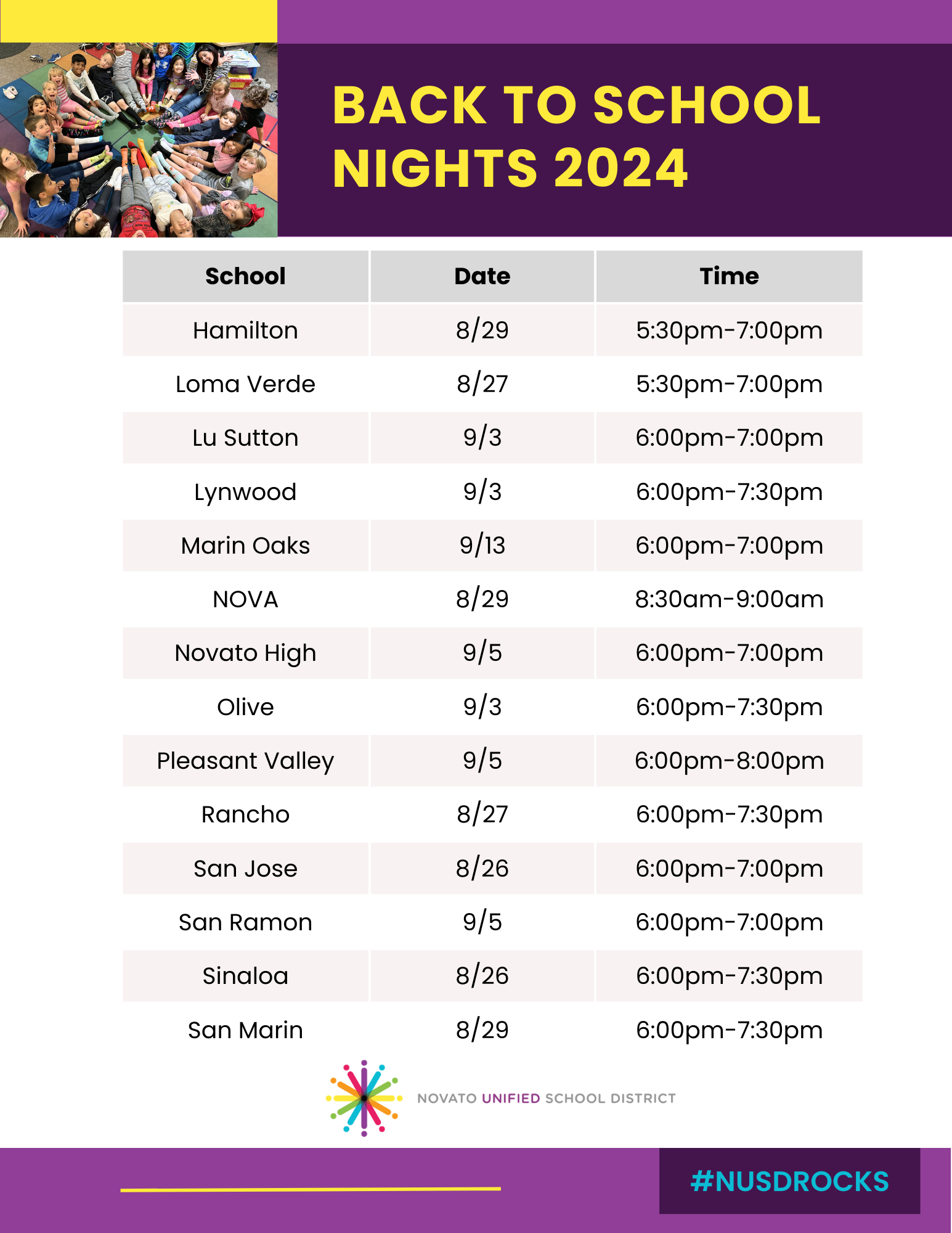 List of back to school nights on a chart with times and dates