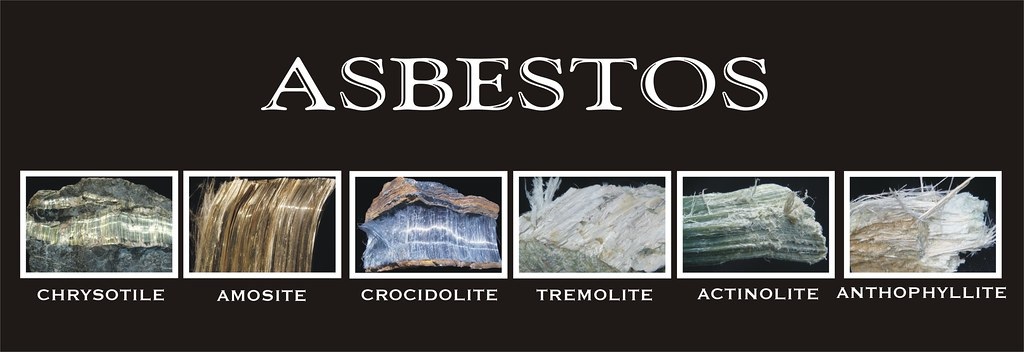 Images of the types of Asbestos including Chrysotile, Amosite, Crocidolite, Tremolite, Actinolite, and Anthrophyllite