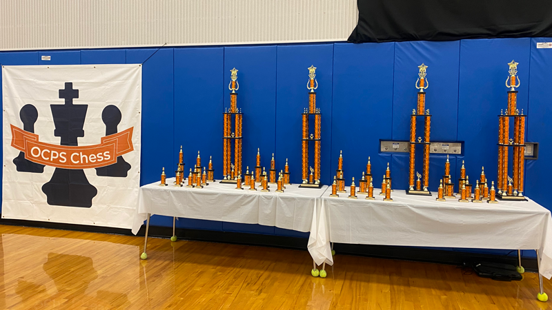 Table with award trophies