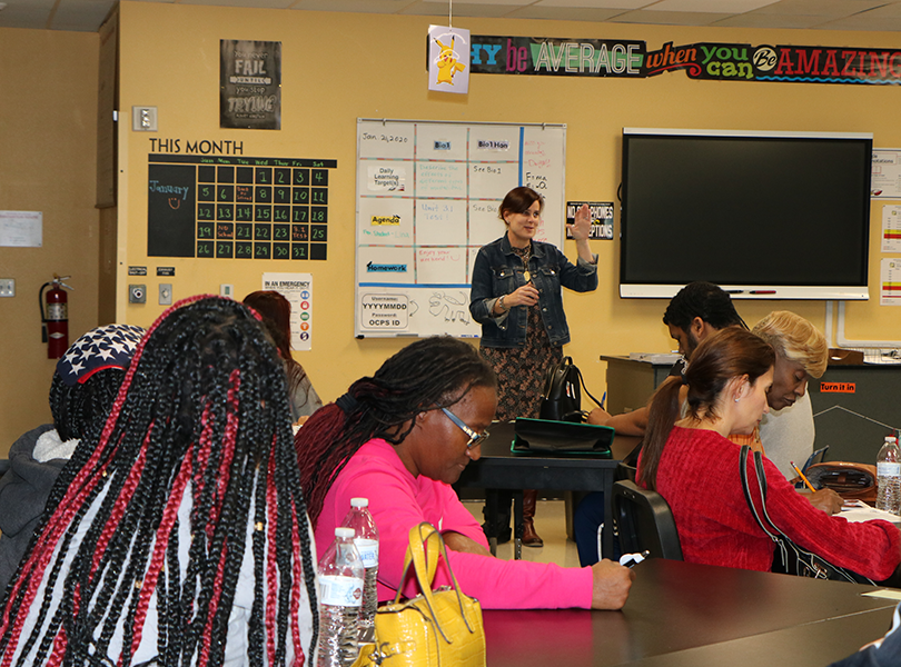 Parents listen to presenter Julie Mitchell