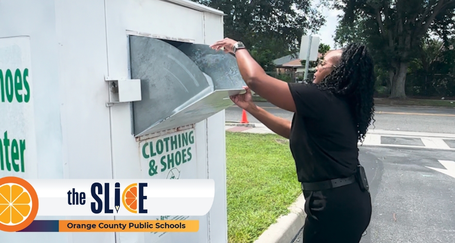 Donating used clothes to Charity recycling bin on campus