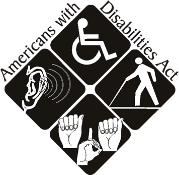 Americans with Disabilities Act icon with deaf hard of hearing symbol, sign language symbol, blind symbol, and wheelchair symbol.