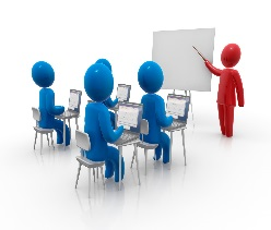 Group of non-descript people sitting in chairs in a meeting while one color blue person is presenting on a white board.