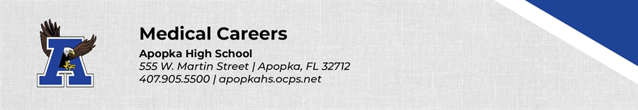 Medical Careers Apopka High School 555 W. Martin Street Apopka, FL 32712 407.905.5500 apopkahs.ocps.net