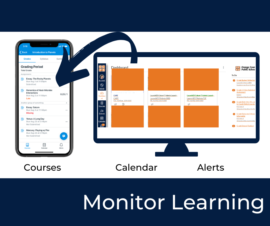 Image showing Canvas calendar and alerts showing on a computer monitor and a smart phone