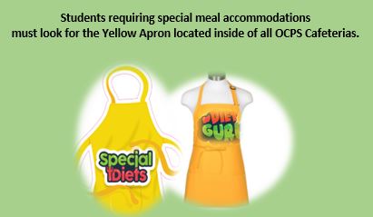 Special Diets accommodation yellow apron ialerts students to look for the Yellow Apron to pick up their specially prepared meal.