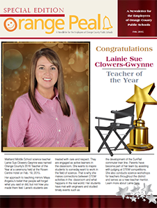 Photo of Orange Peal cover with Laine Sue Glowers-Gwynne 2014-15 Teacher of the Year