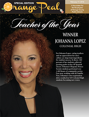 Photo of Orange Peal cover with Johanna Lopez 2015-16 Teacher of the year