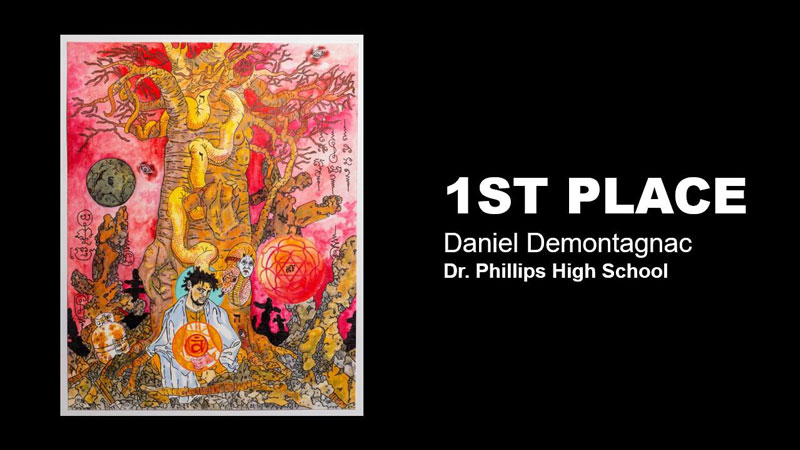 Student artwork of man sitting at the base of a tree Student artwork of man sitting at the base of a tree