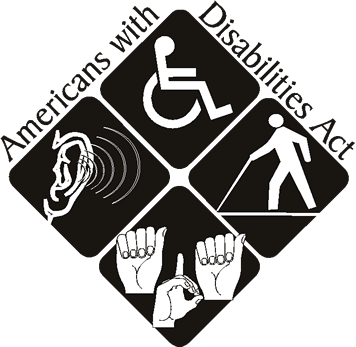 Americans with Disabilities Act icon with deaf hard of hearing symbol, sign language symbol, blind symbol, and wheelchair symbol. Americans with Disabilities Act icon with deaf hard of hearing symbol, sign language symbol, blind symbol, and wheelchair symbol.