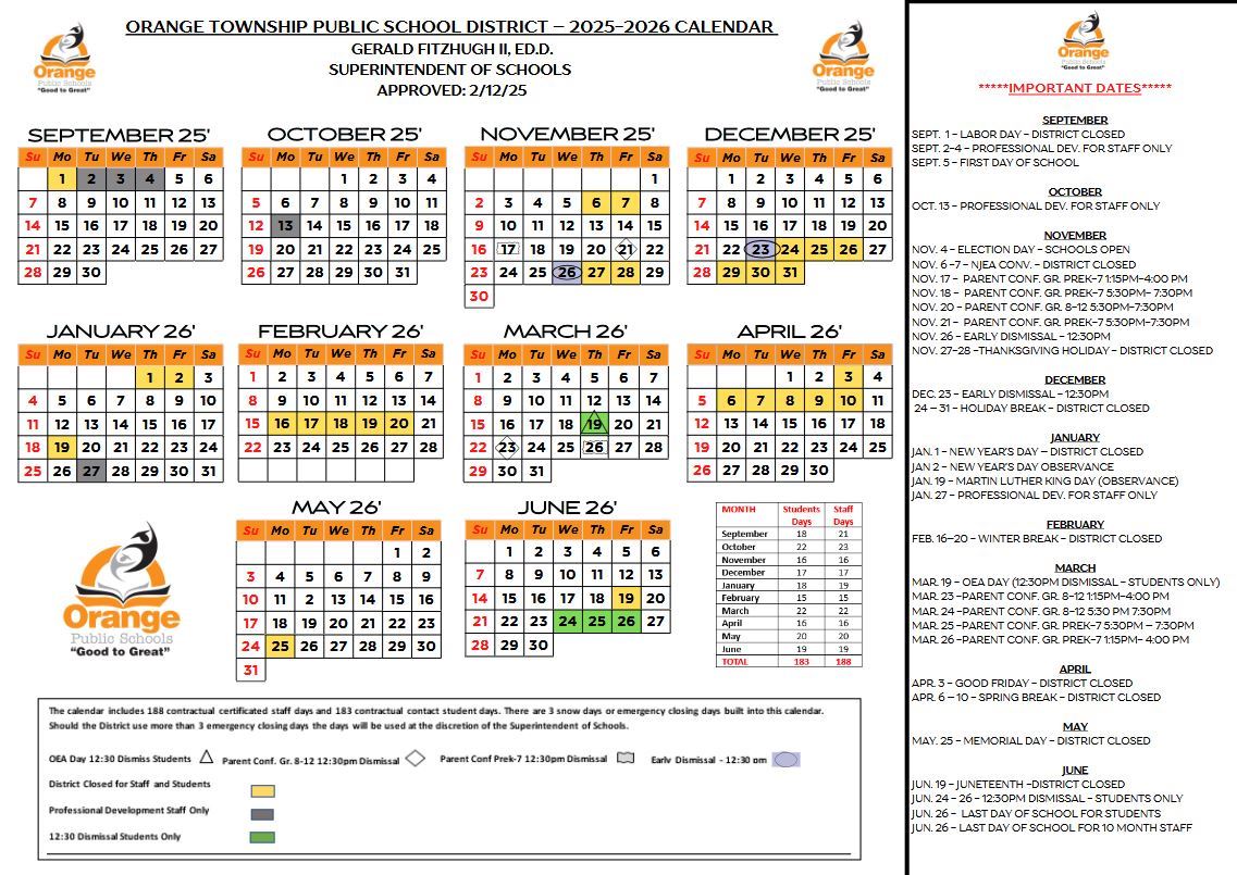 District Calendar for the 2025-2026 School Year