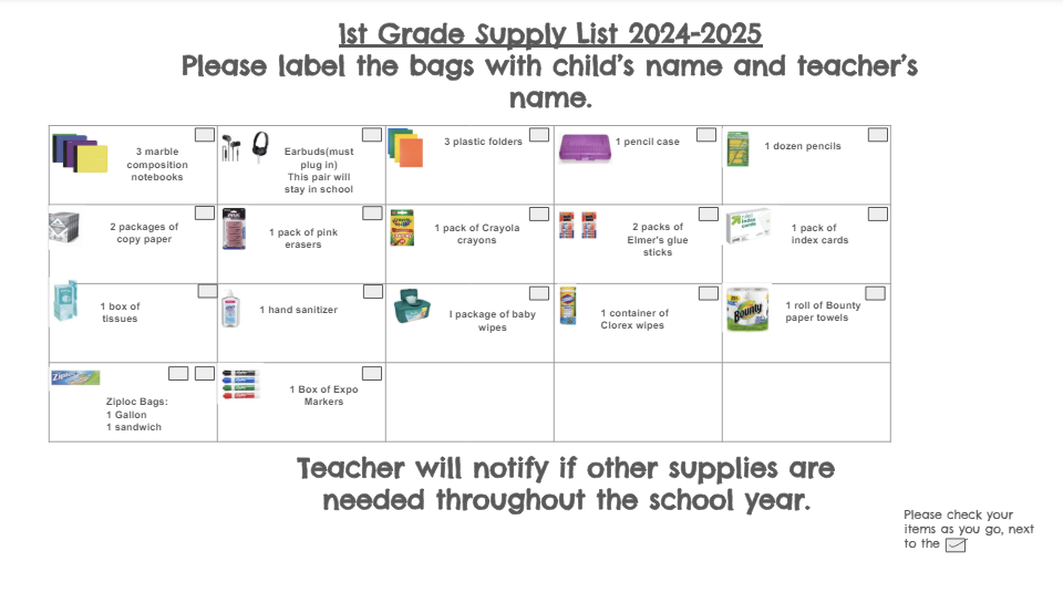 1st Grade Supply List 24-25 School Year